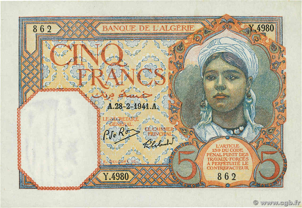 5 Francs ALGERIA  1941 P.077b UNC-