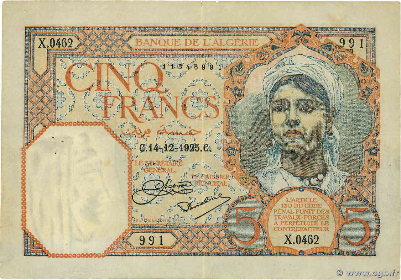 5 Francs ALGERIA  1925 P.077a VF+