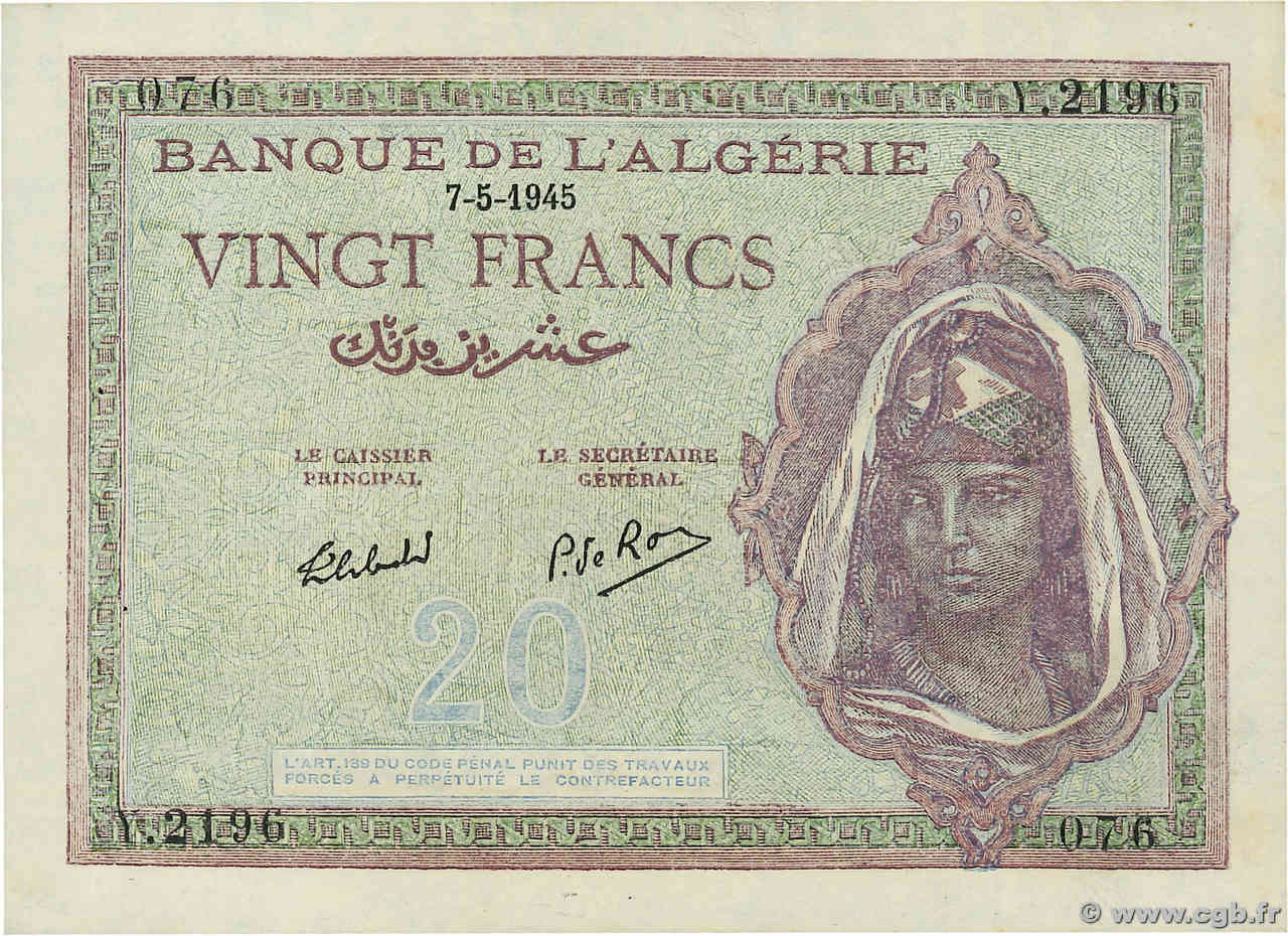 20 Francs ALGÉRIE  1945 P.092b SPL