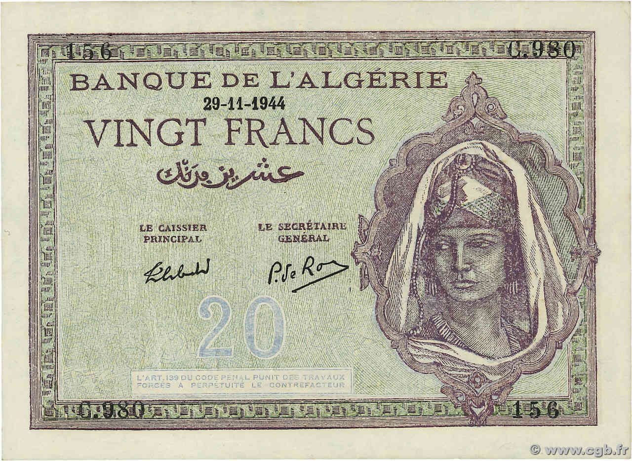 20 Francs ALGÉRIE  1944 P.092 SPL