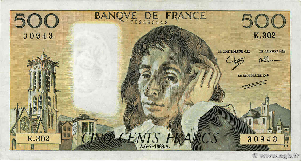 500 Francs PASCAL FRANCE  1989 F.71.42 F+