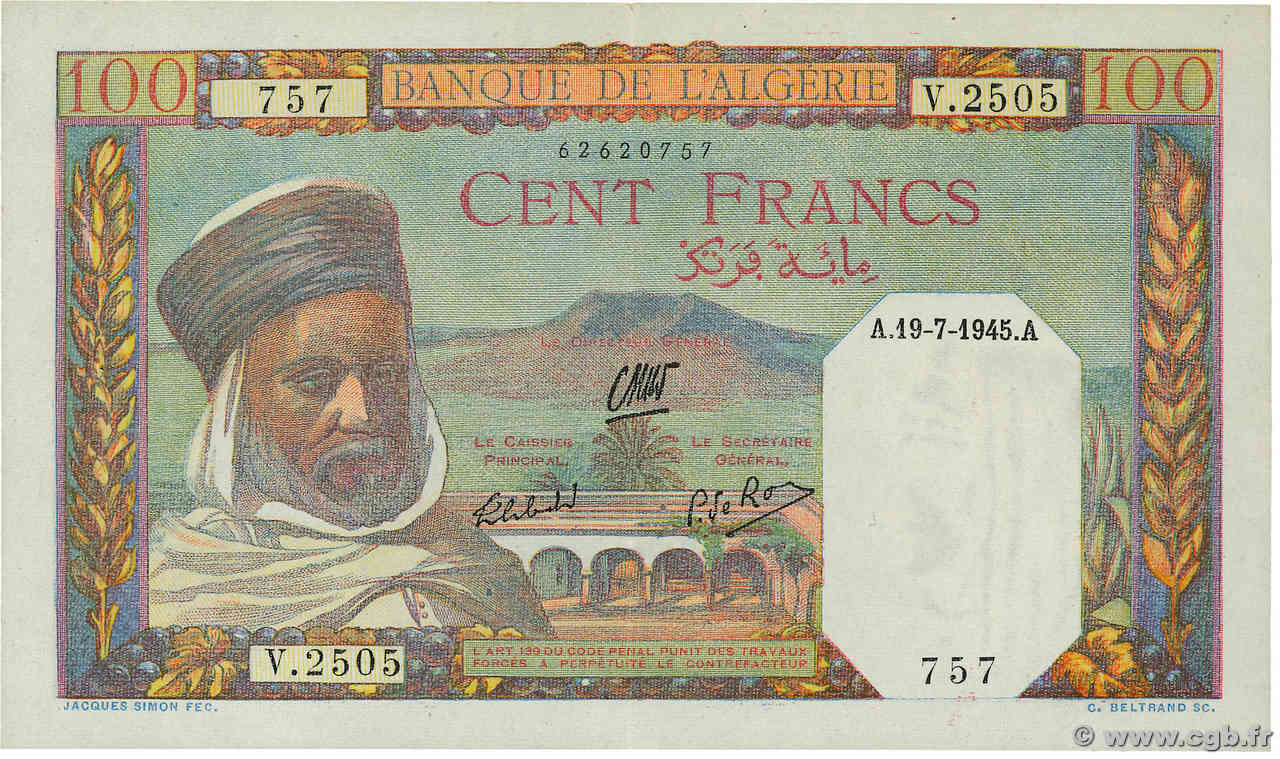 100 Francs ALGERIA  1945 P.088 XF+