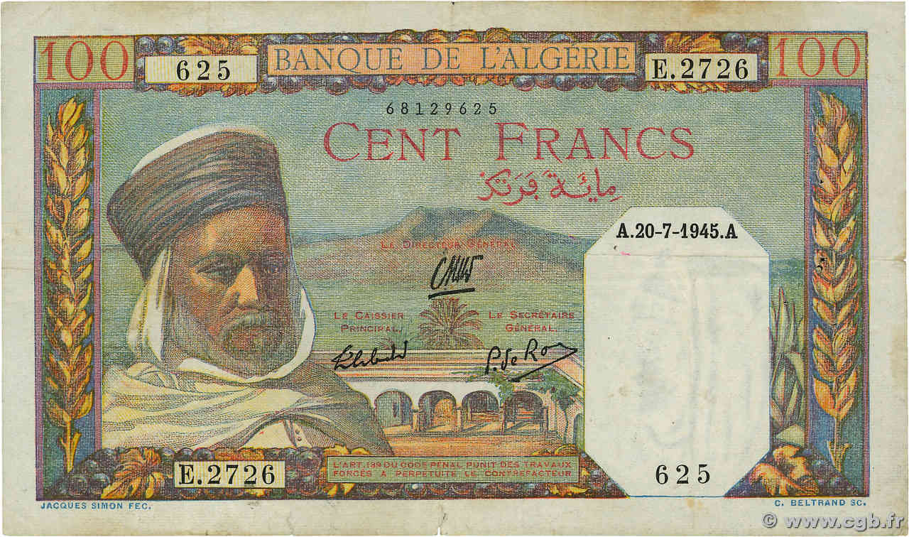 100 Francs ALGÉRIE  1945 P.088 TB+