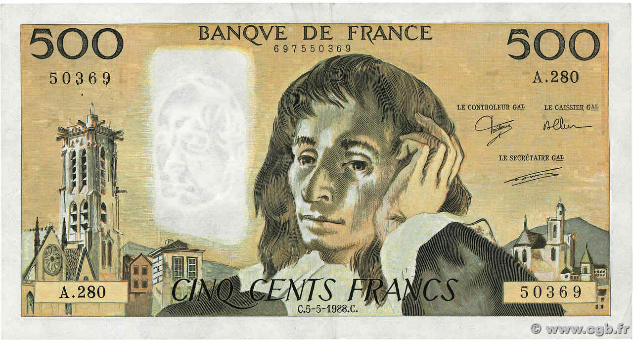 500 Francs PASCAL FRANCE  1988 F.71.39 pr.TTB