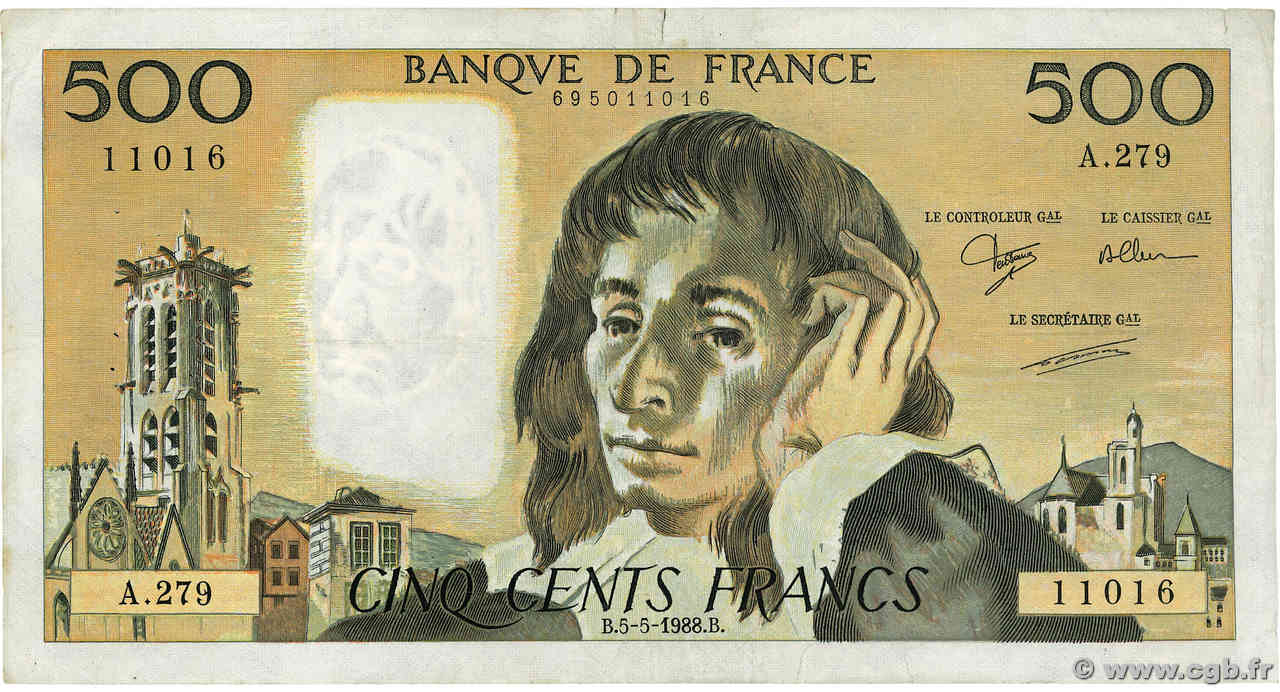 500 Francs PASCAL FRANCE  1988 F.71.39 TB