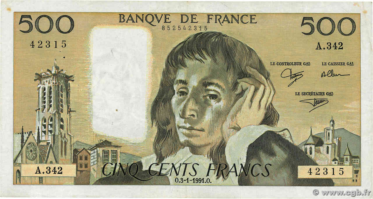 500 Francs PASCAL FRANKREICH  1991 F.71.46 S