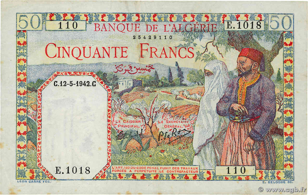 50 Francs ALGERIA  1942 P.084 VF+