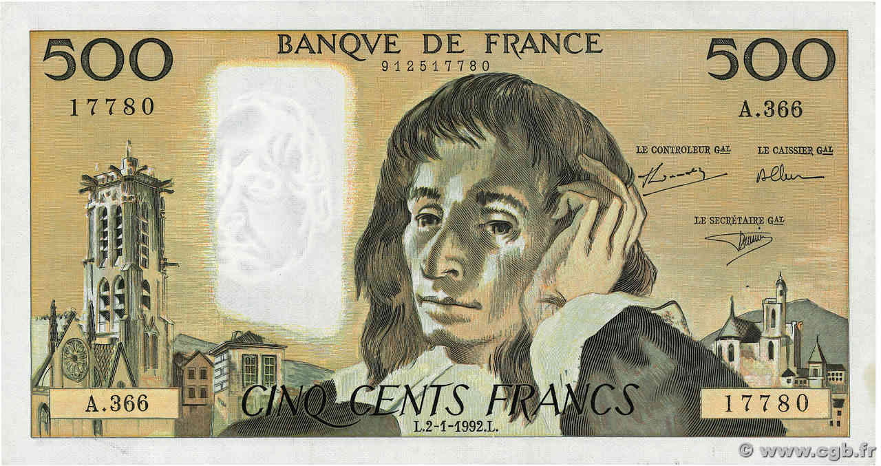 500 Francs PASCAL FRANCE  1992 F.71.49 TTB+