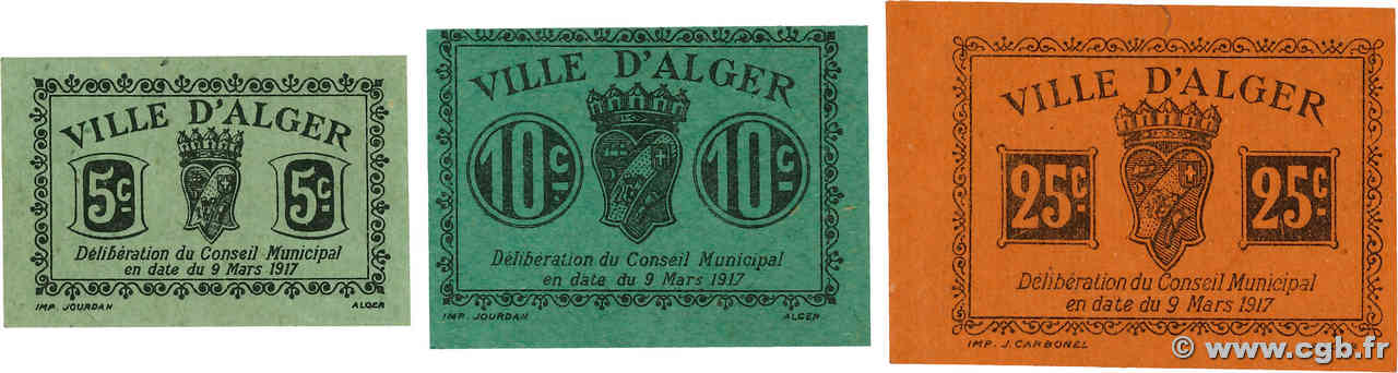 5, 10 et 25 Centimes Lot ALGÉRIE Alger 1917 JPCV.01, JPCV.07var, JPCV.11 SPL