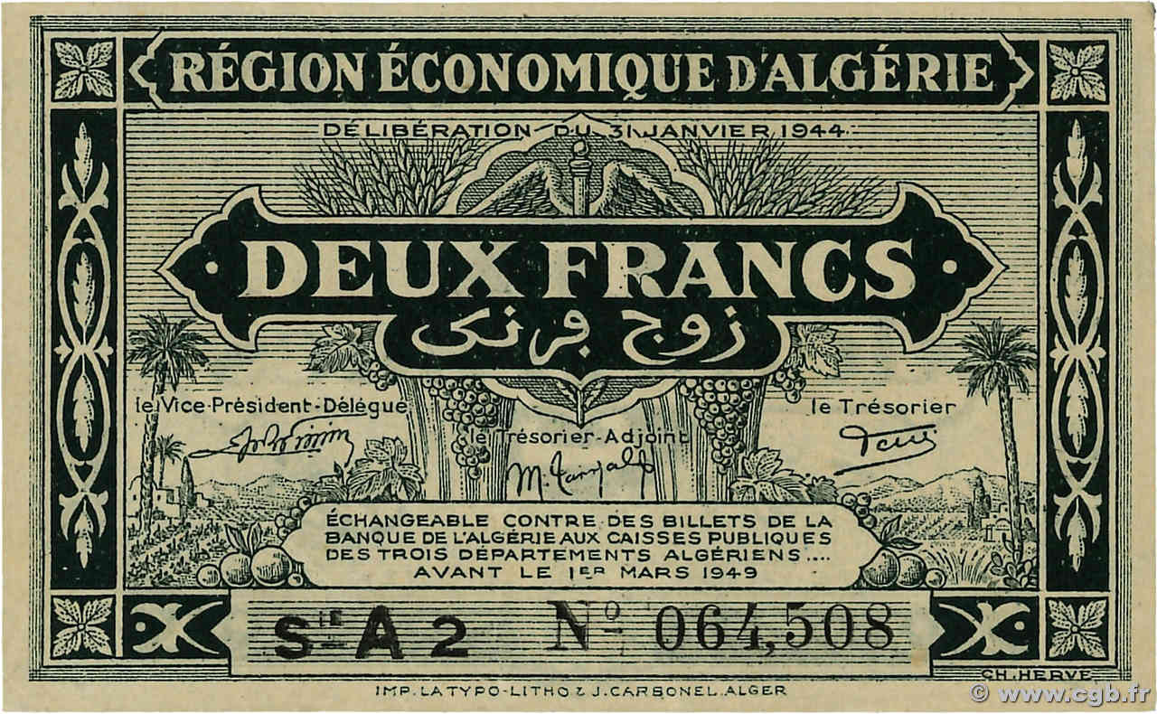 2 Francs ALGÉRIE  1944 P.099a SUP