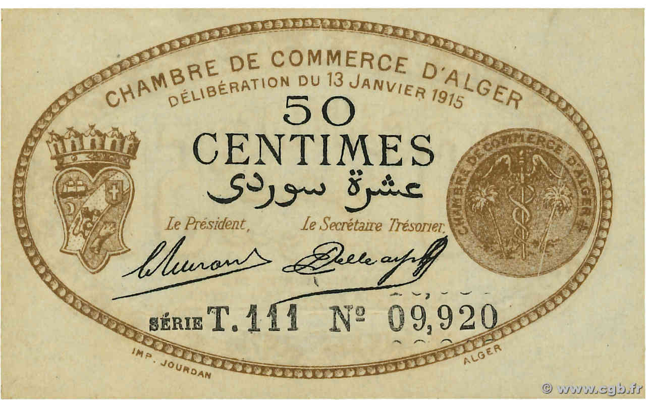 50 Centimes ARGELIA Alger 1915 JP.137.09 SC+