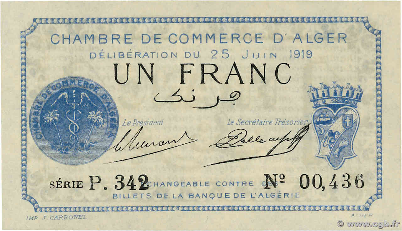 1 Franc ALGÉRIE Alger 1919 JP.137.12 SUP+