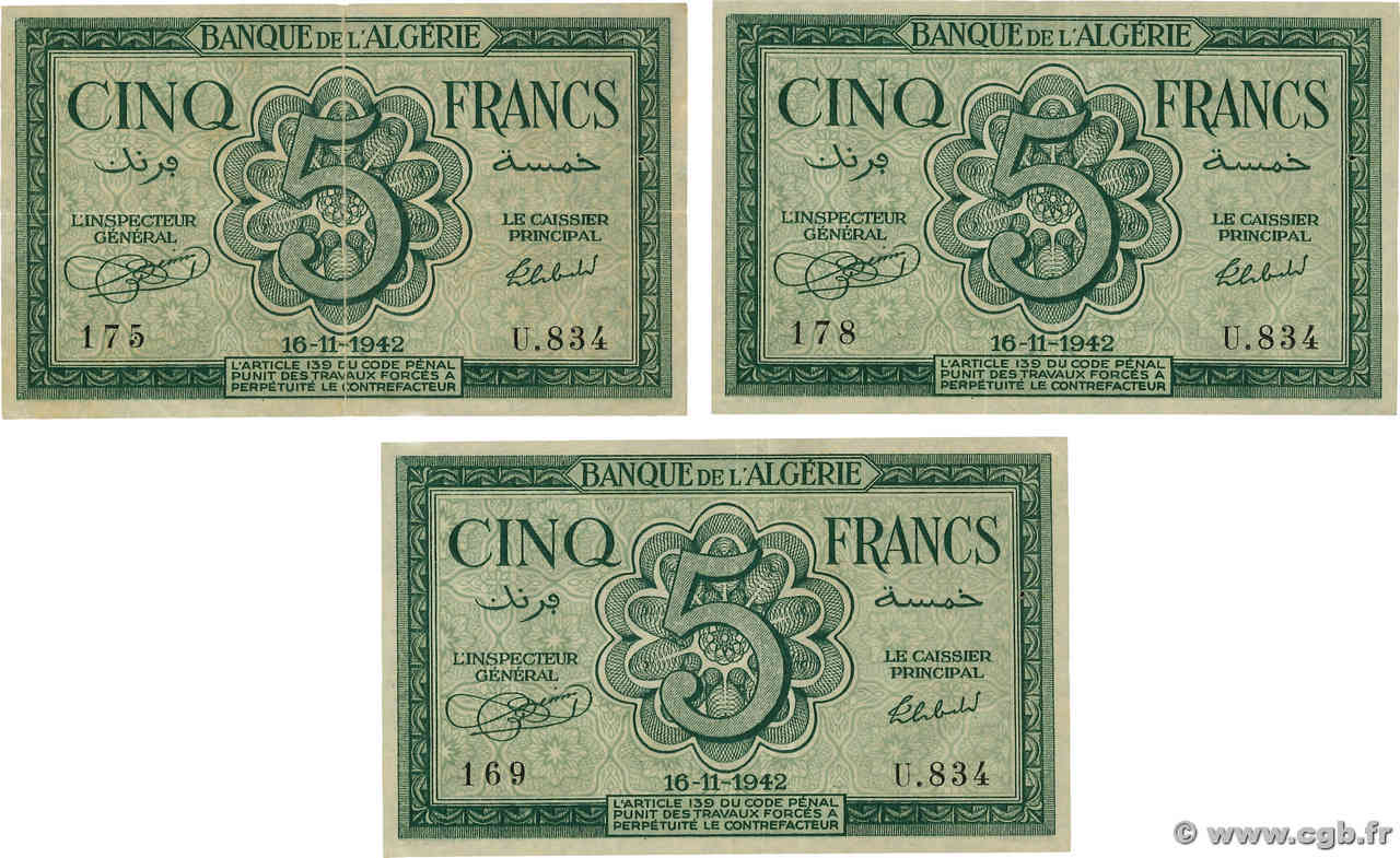 5 Francs Lot ALGERIA  1942 P.091 q.SPL