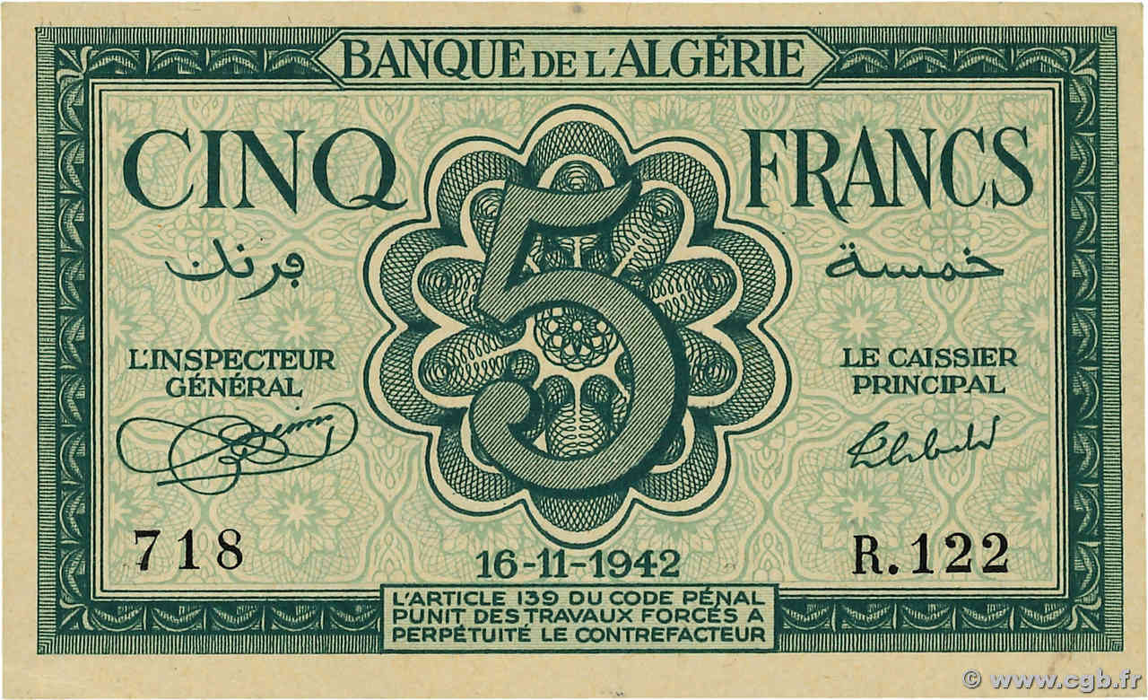 5 Francs ALGERIA  1942 P.091 UNC-