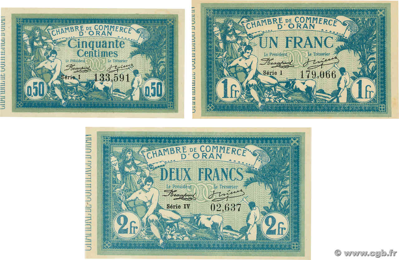 50 Centimes et 1, 2 Francs Lot ALGERIA Oran 1915 JP.141.04, JP.141.08 et JP.141.16 XF+