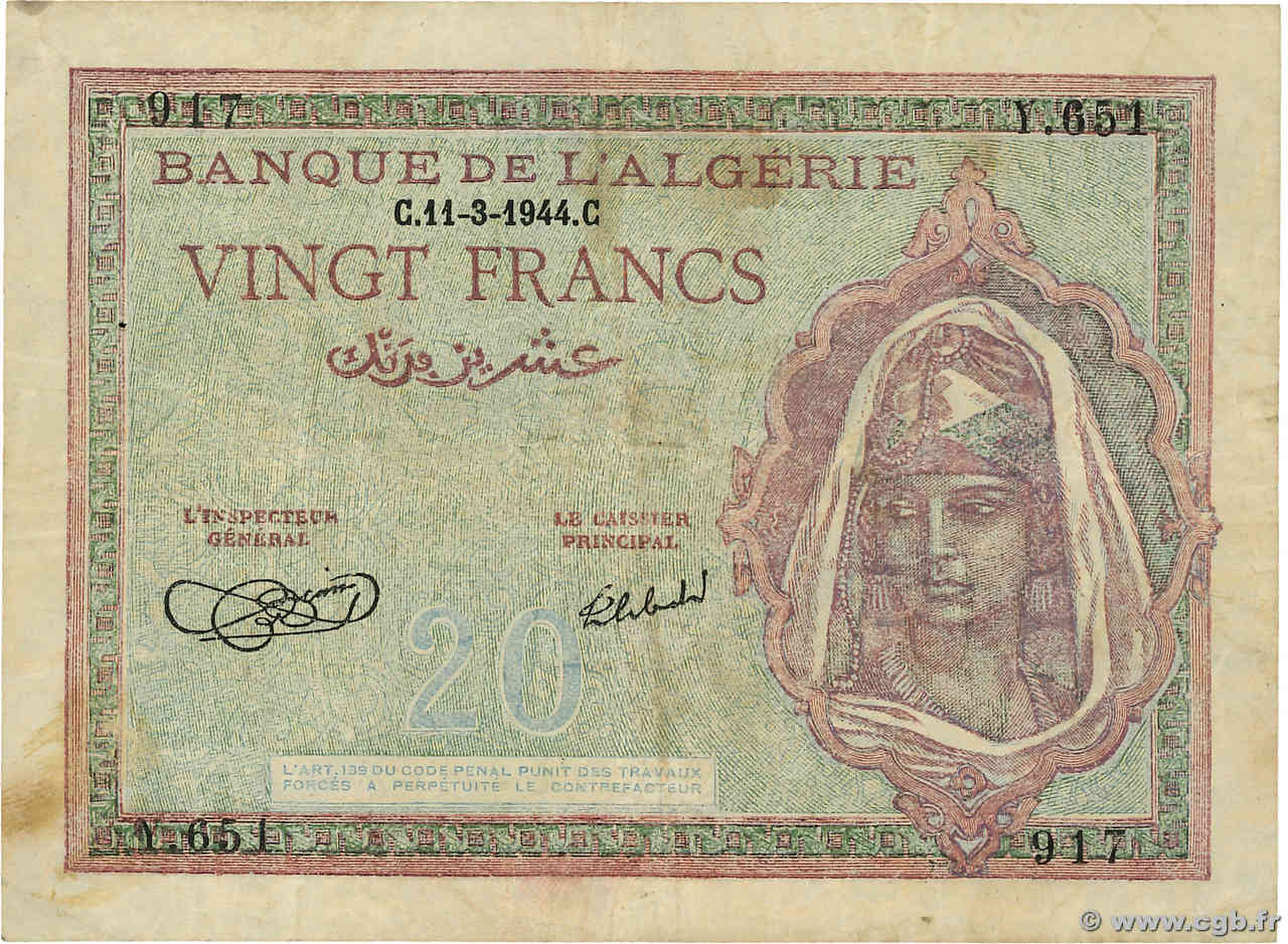 20 Francs ALGÉRIE  1944 P.092a TB+