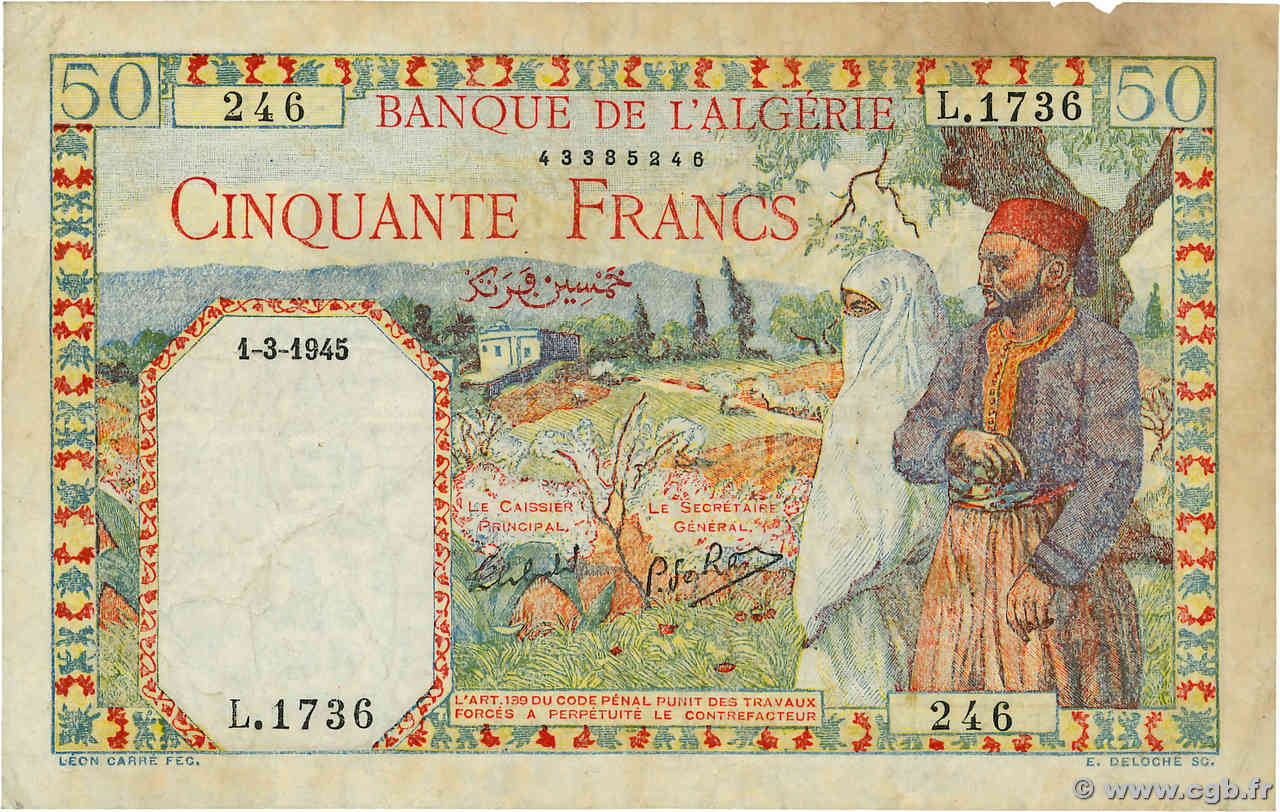 50 Francs ALGÉRIE  1945 P.087 TTB