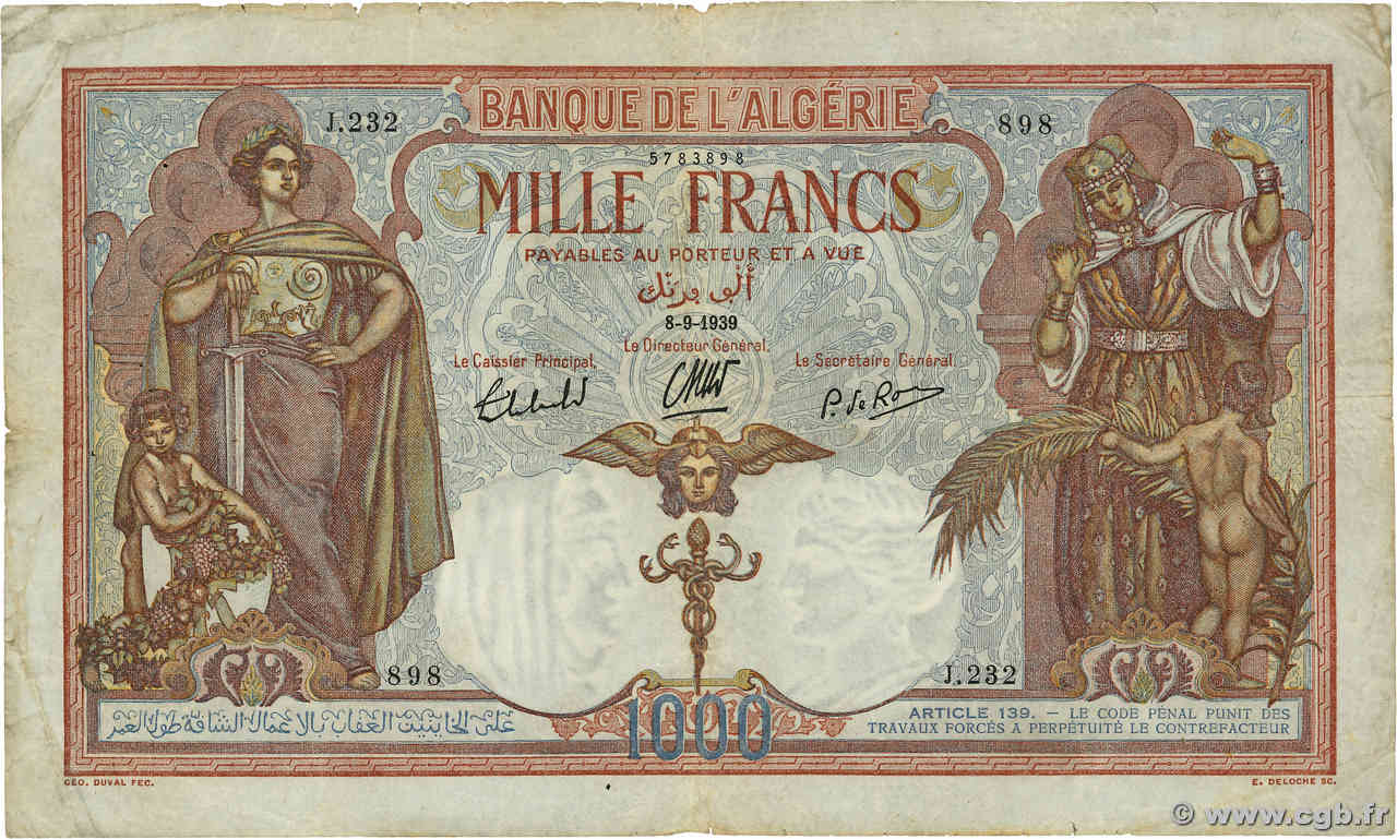 1000 Francs ALGERIEN  1939 P.083a fS