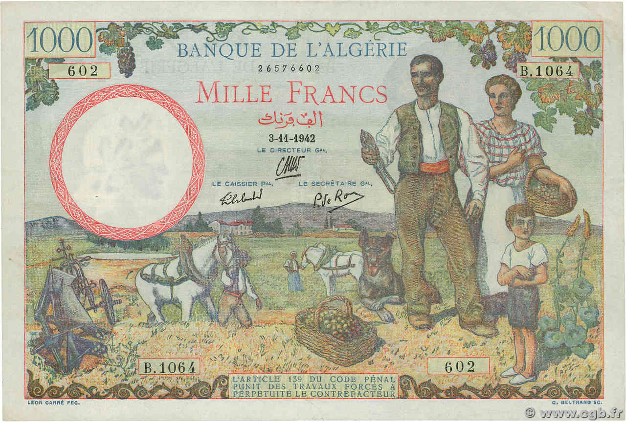 1000 Francs ALGÉRIE  1942 P.086 TTB+