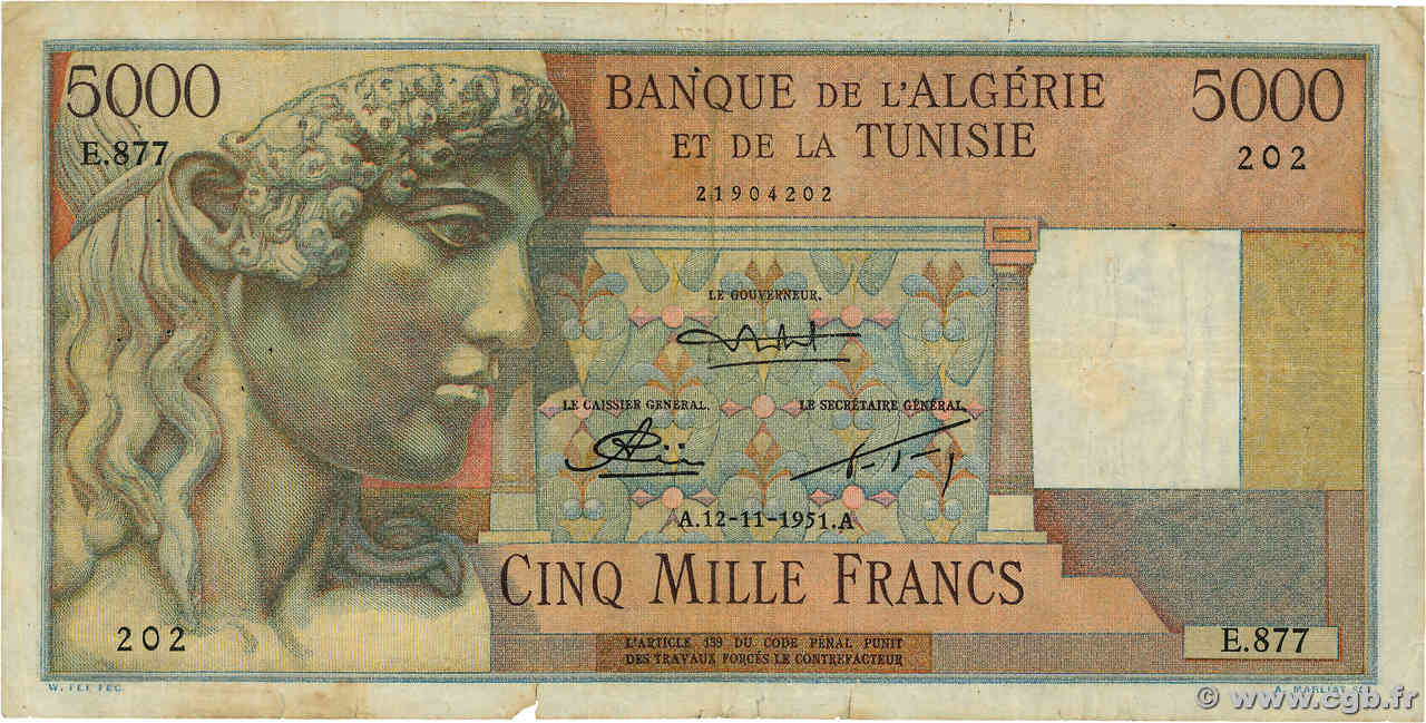 5000 Francs ALGERIEN  1951 P.109a fS