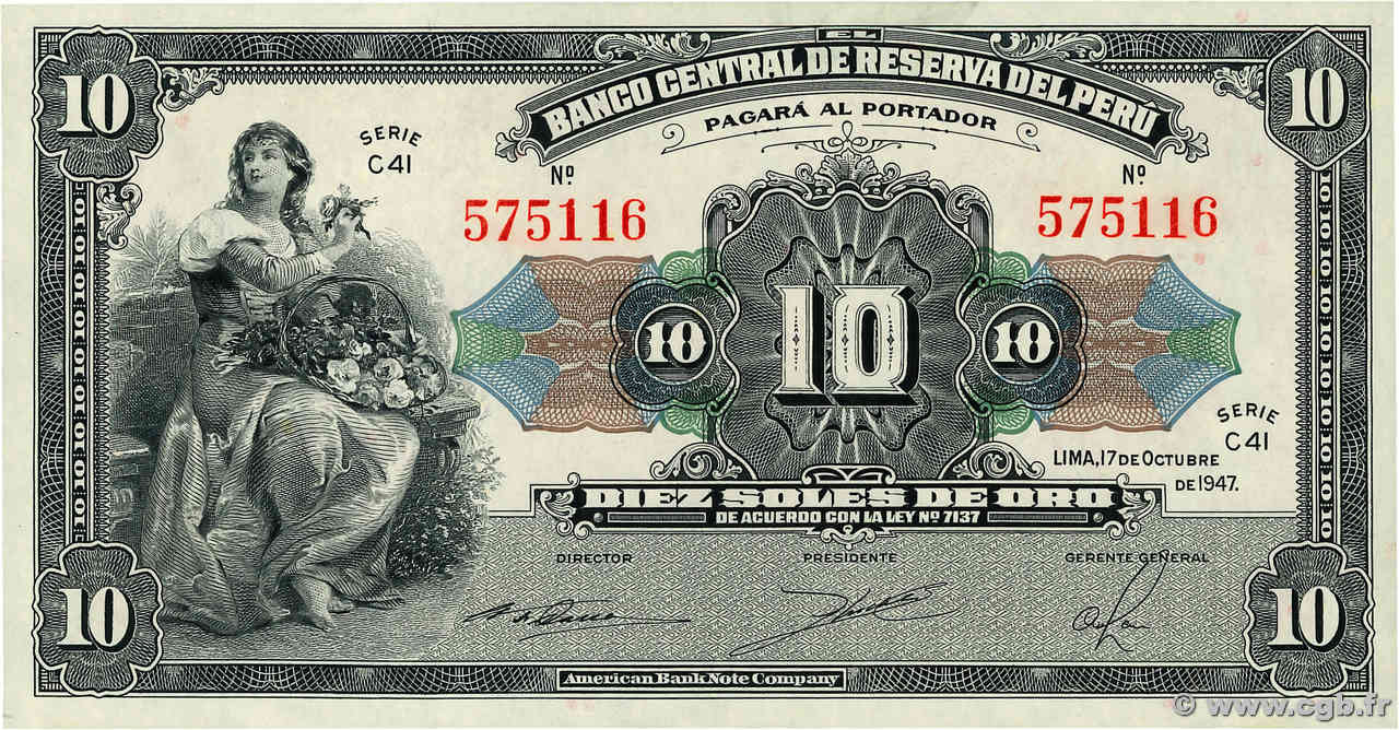 10 Soles PERU  1947 P.067Ac UNC