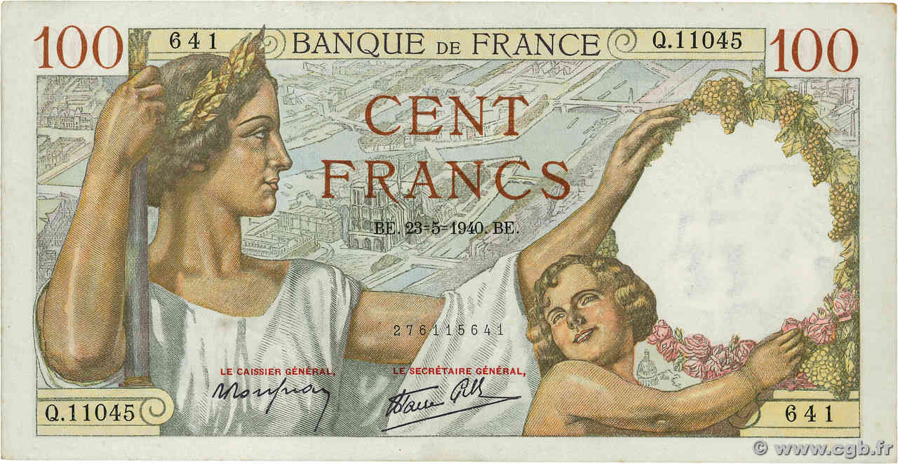 100 Francs SULLY FRANCE  1940 F.26.30 XF-