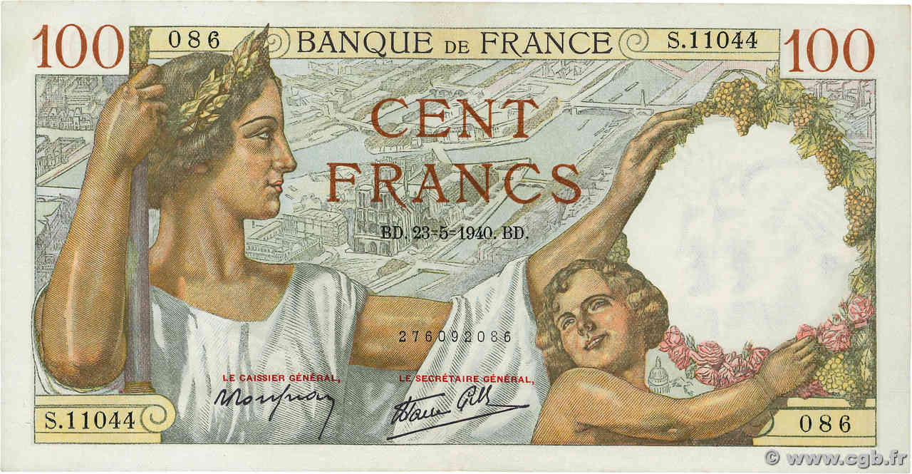 100 Francs SULLY FRANCE  1940 F.26.30 XF