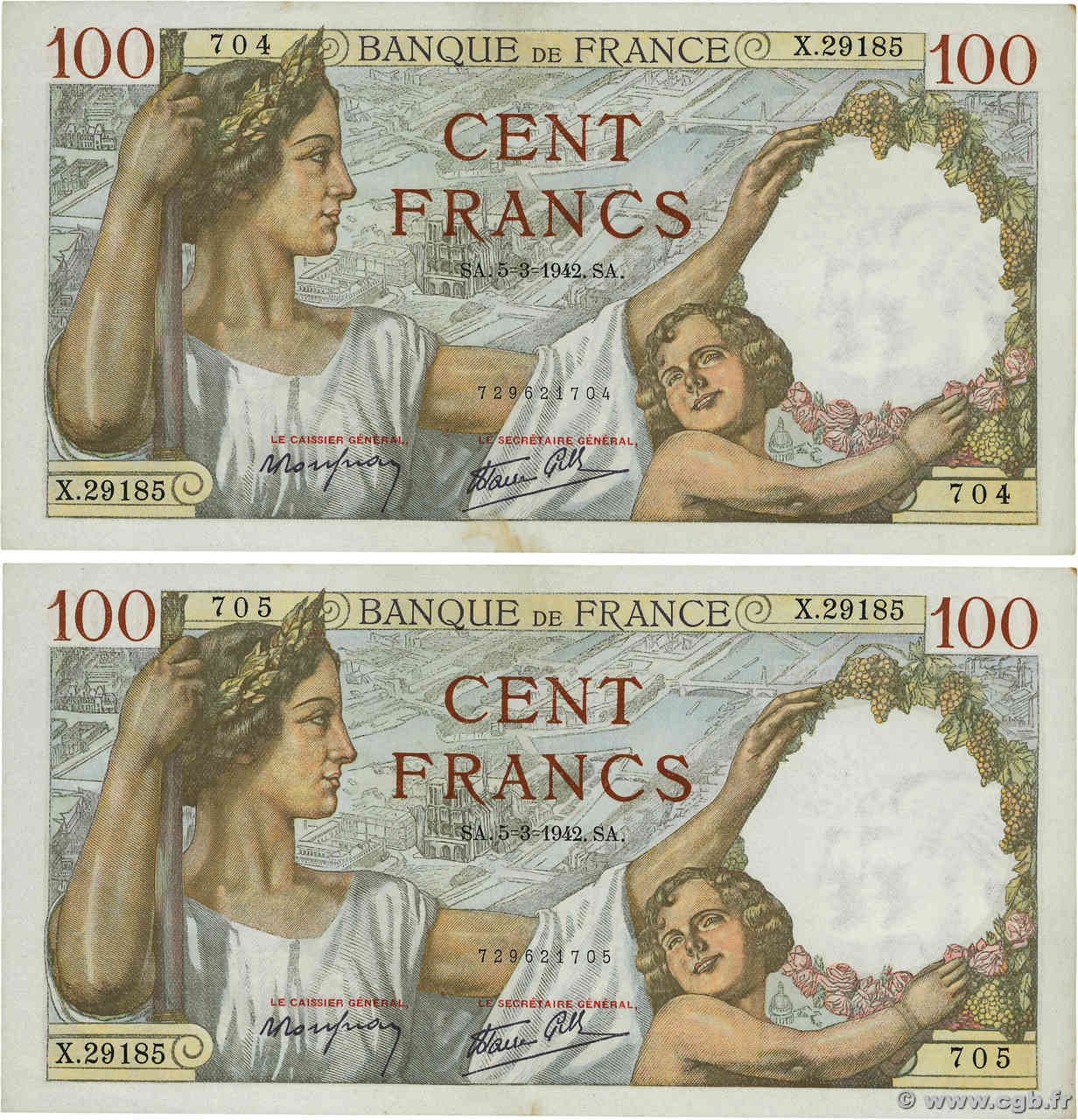 100 Francs SULLY Consécutifs FRANCE  1942 F.26.67 XF