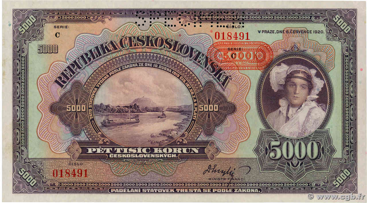 5000 Korun Spécimen CZECHOSLOVAKIA  1920 P.019s UNC-