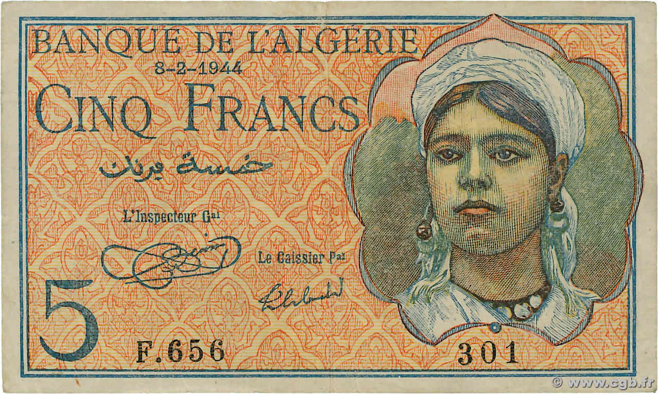 5 Francs ALGÉRIE  1944 P.094a TB+