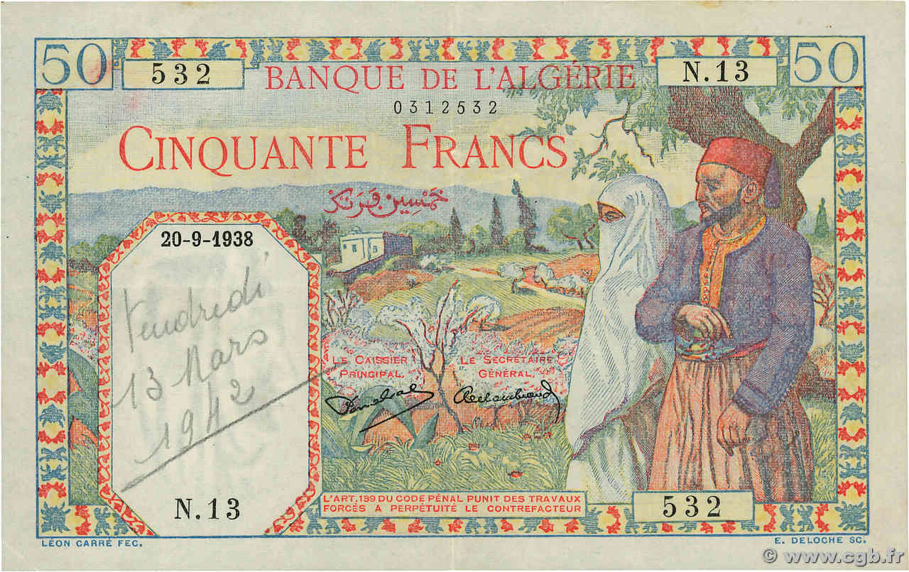 50 Francs ALGERIA  1938 P.084 VF