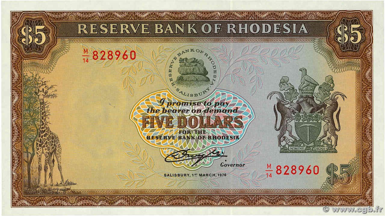 5 Dollars RHODESIEN  1976 P.36a ST