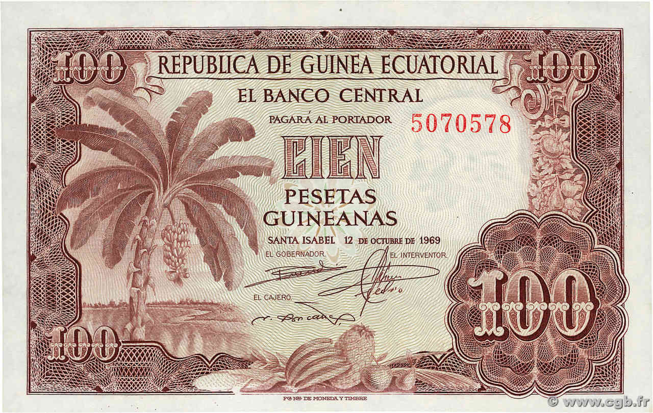 100 Pesetas Guineanas GUINÉE ÉQUATORIALE  1969 P.01 NEUF