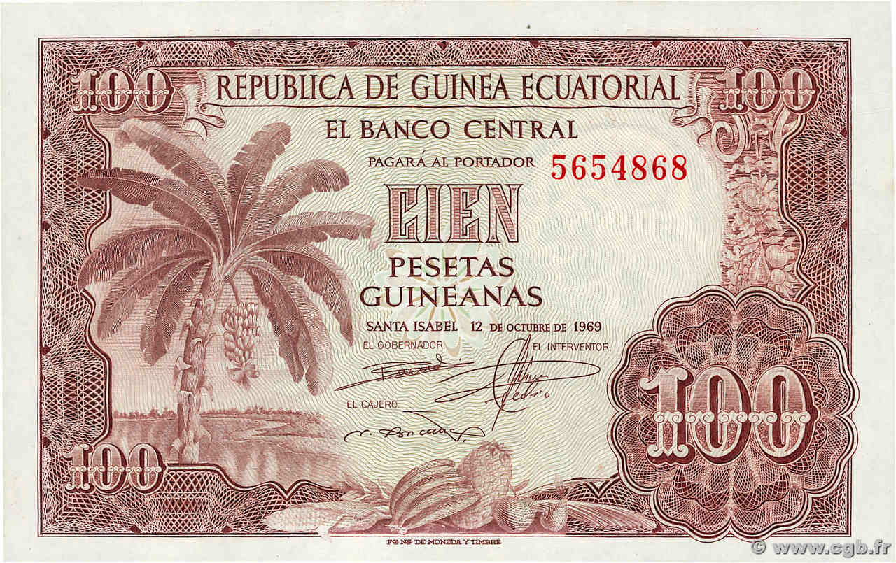 100 Pesetas Guineanas GUINÉE ÉQUATORIALE  1969 P.01 NEUF