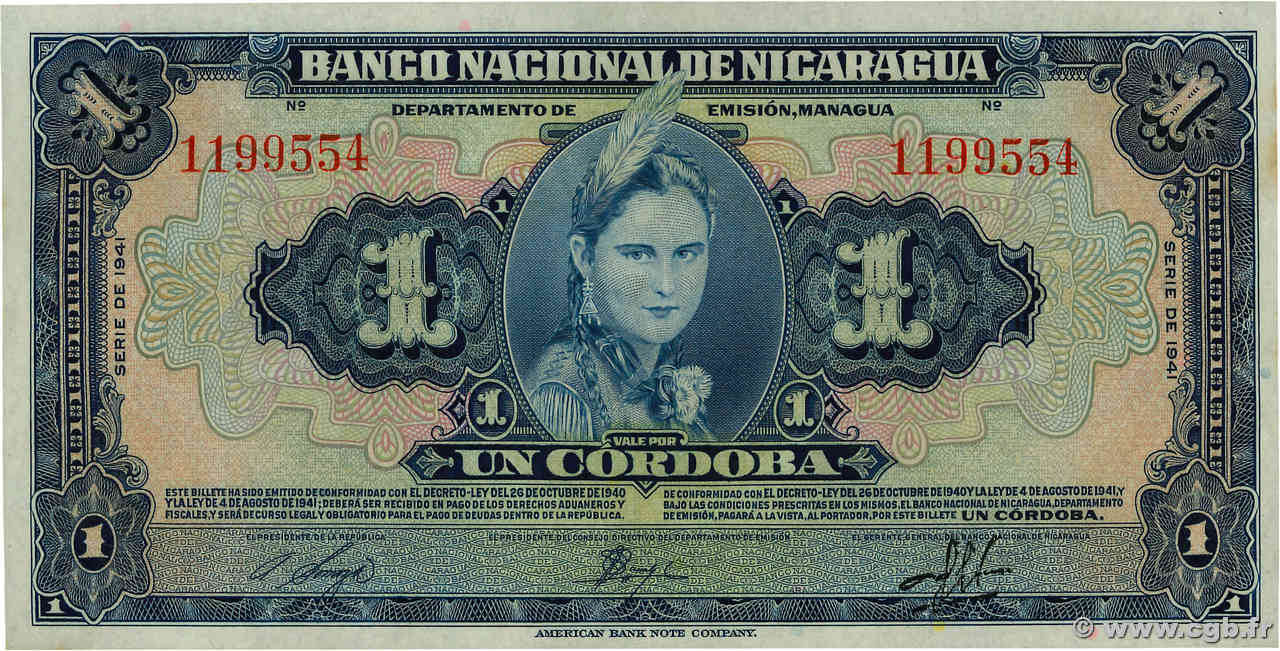 1 Cordoba NICARAGUA  1941 P.090a NEUF