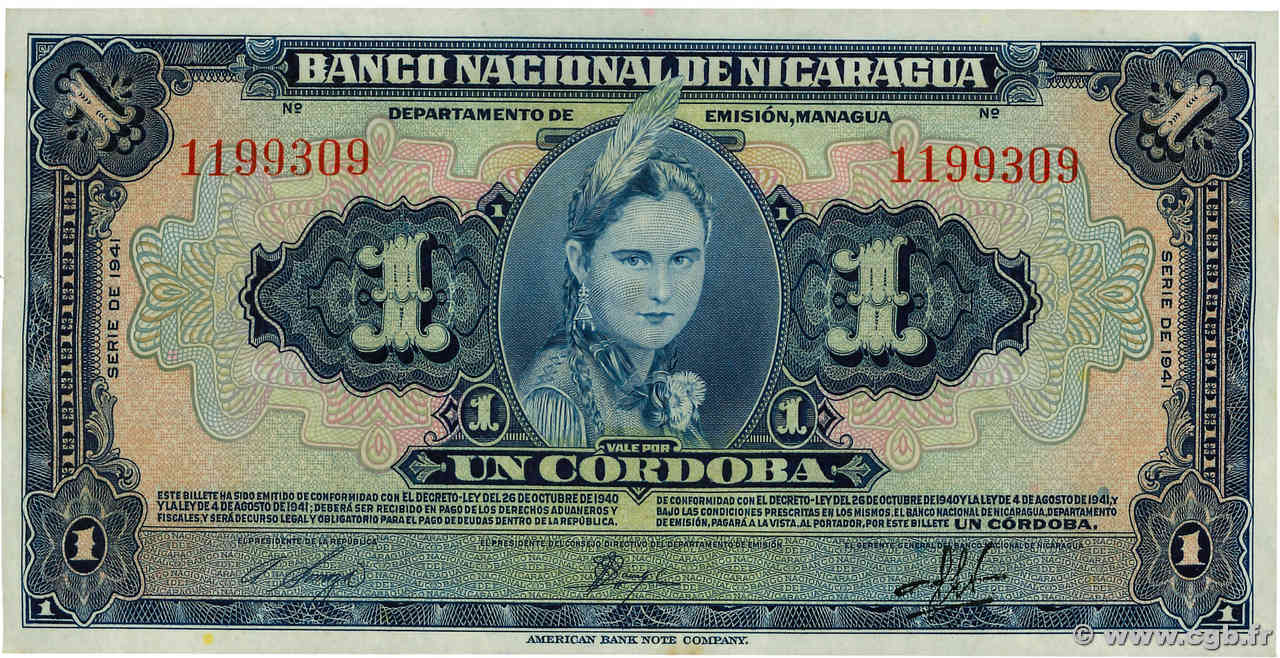 1 Cordoba NICARAGUA  1941 P.090a UNC-