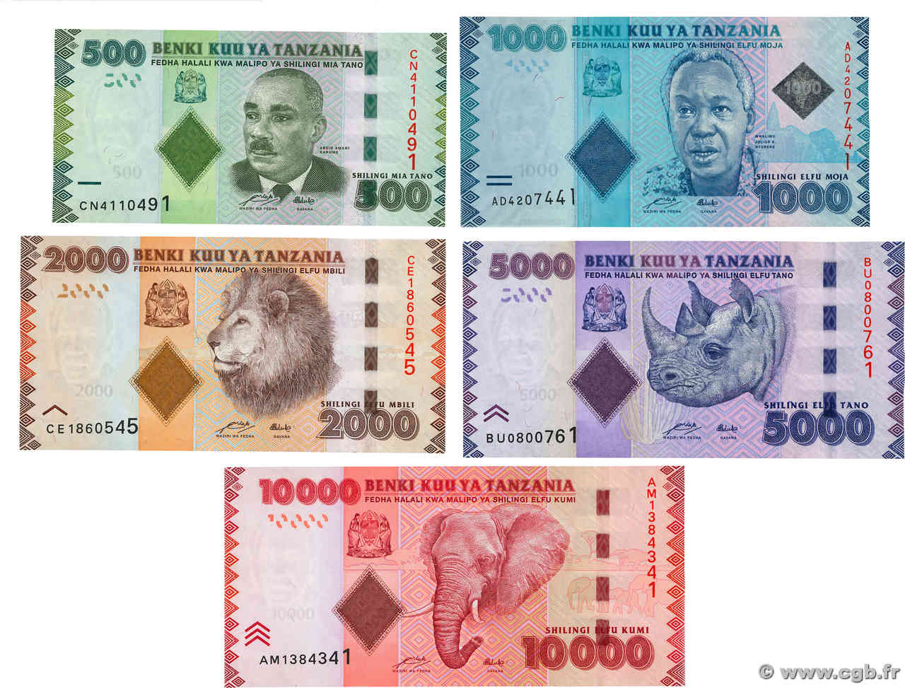 10000 Shilingi Lot TANZANIA  2010 P.40 à P.44a UNC