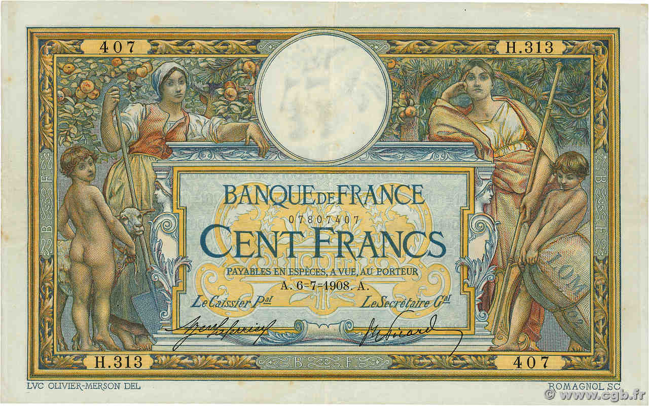 100 Francs LUC OLIVIER MERSON avec LOM FRANKREICH  1908 F.22.01 SS