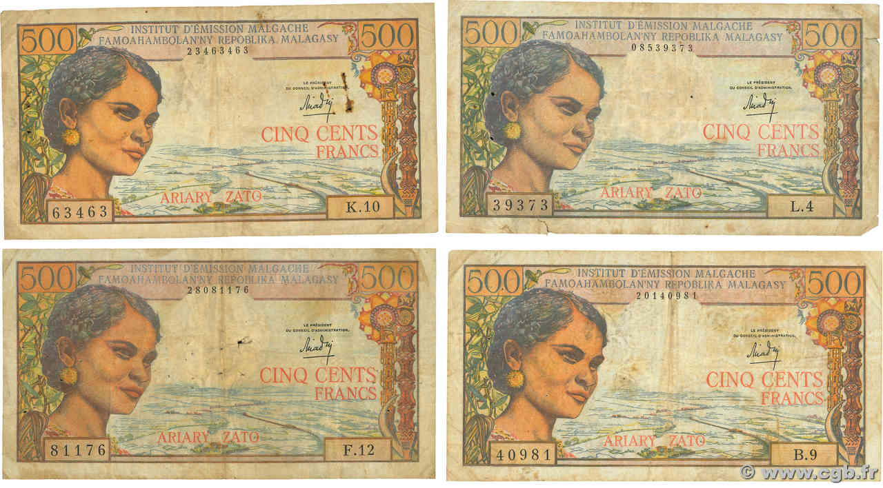 500 Francs - 100 Ariary Lot MADAGASCAR  1964 P.058a B