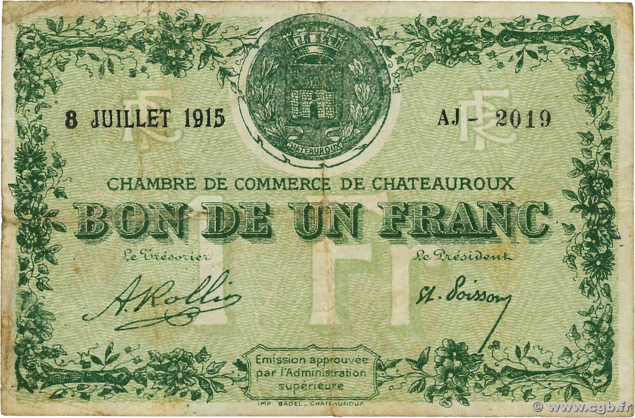 1 Franc FRANCE Regionalismus und verschiedenen Chateauroux 1915 JP.046.07 S