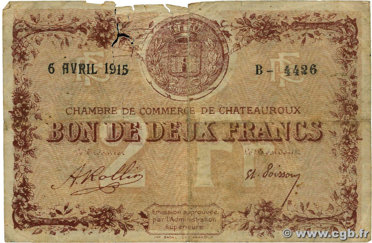 2 Francs FRANCE regionalism and miscellaneous Chateauroux 1915 JP.046.04 G