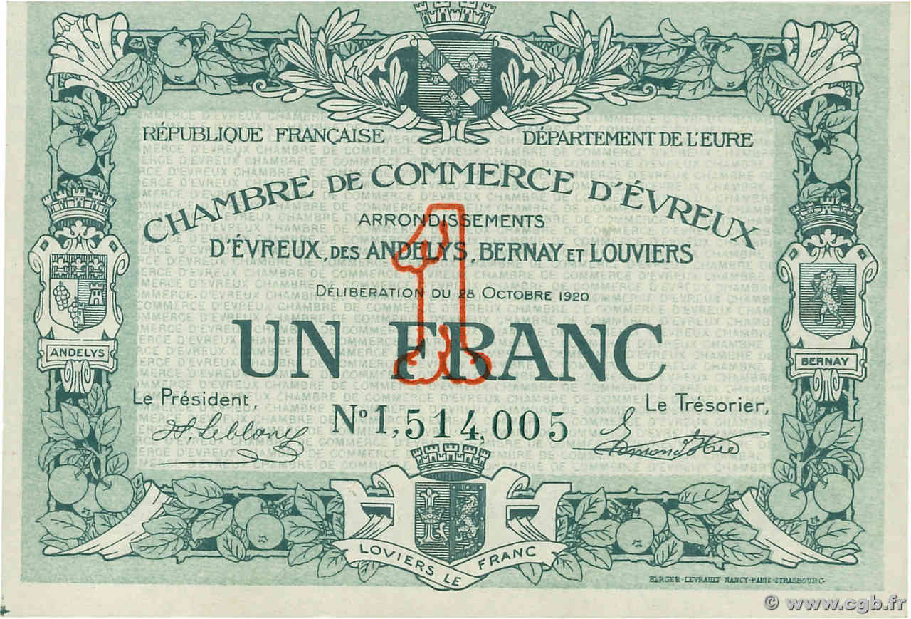 1 Franc FRANCE régionalisme et divers Évreux 1920 JP.057.19 SPL