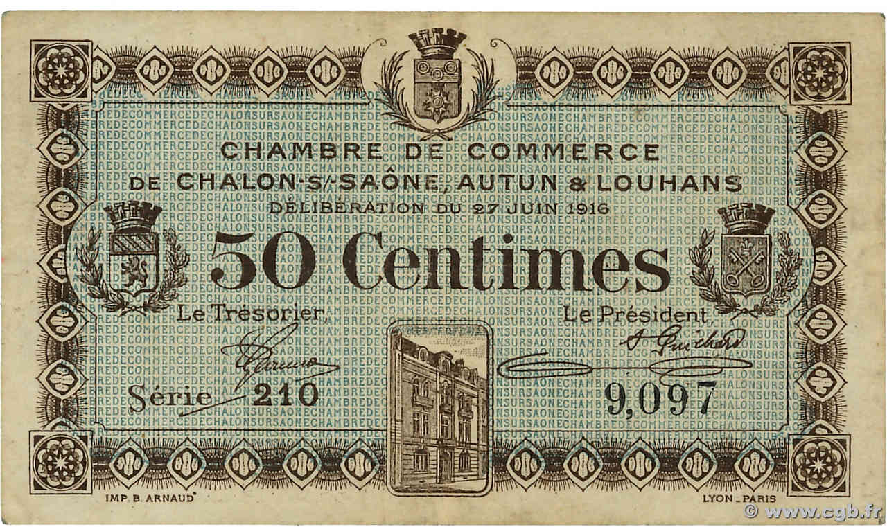 50 Centimes FRANCE Regionalismus und verschiedenen Châlon-Sur-Saône, Autun et Louhans 1916 JP.042.01 fVZ