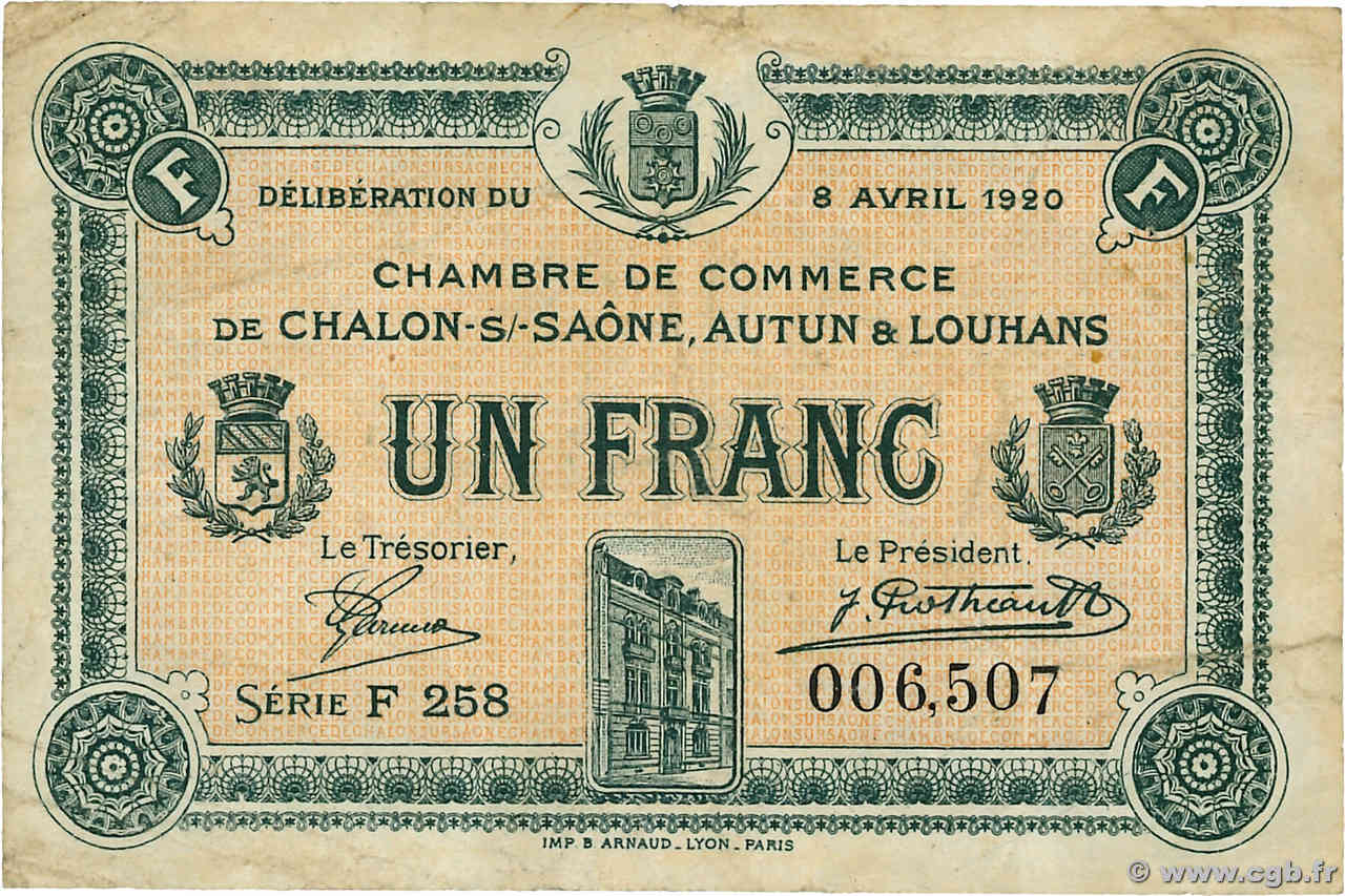 1 Franc FRANCE regionalismo y varios Châlon-Sur-Saône, Autun et Louhans 1920 JP.042.26 BC