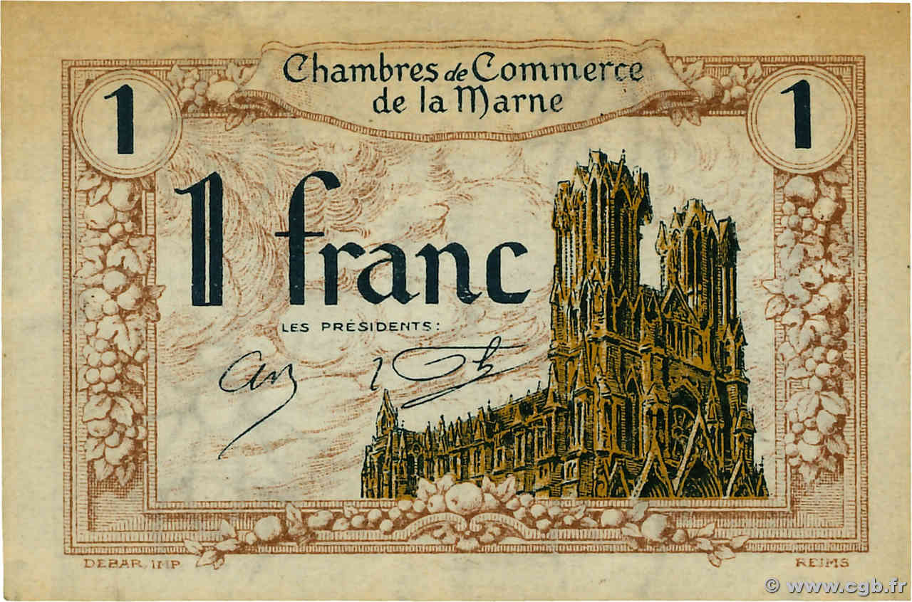 1 Franc FRANCE regionalism and various Chalons, Reims, Épernay 1922 JP.043.02 XF