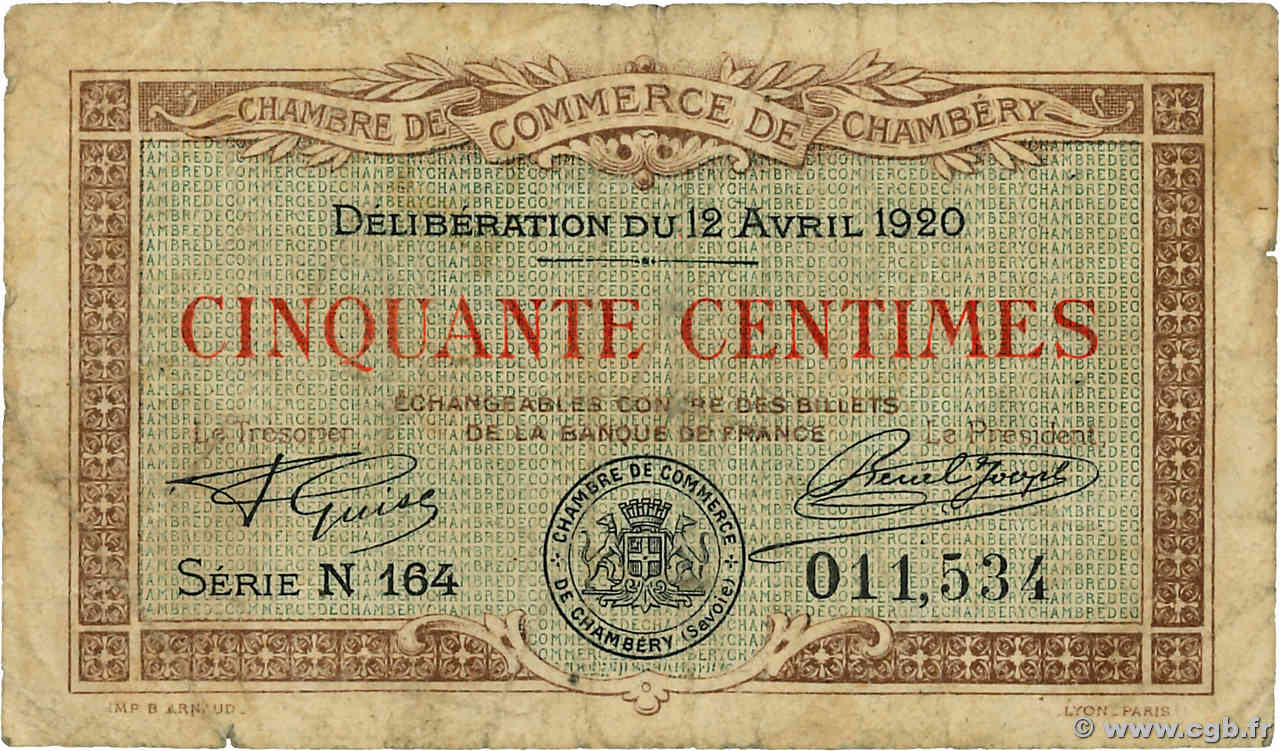 50 Centimes FRANCE regionalism and miscellaneous Chambéry 1920 JP.044.11 VG