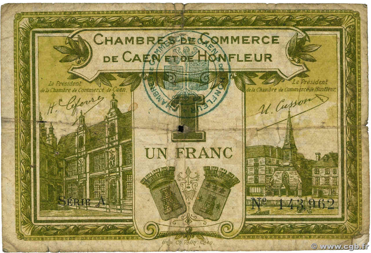 1 Franc FRANCE regionalism and various Caen et Honfleur 1918 JP.034.14 VG