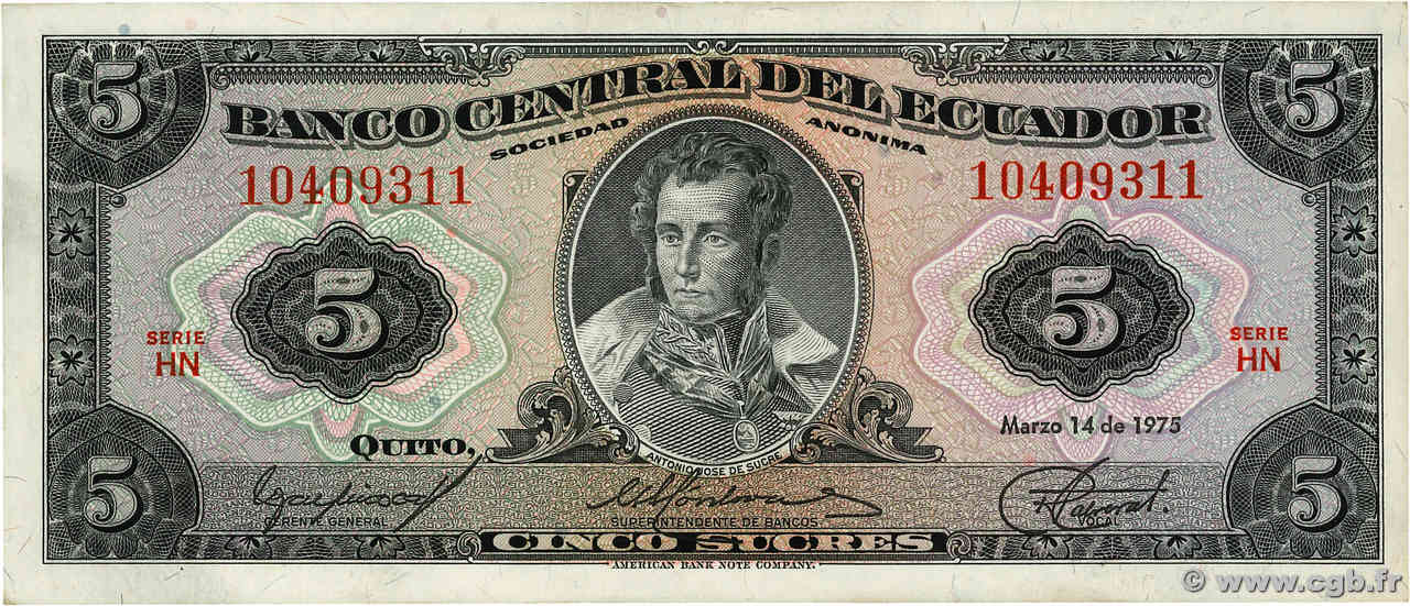 5 Sucres ECUADOR  1975 P.108a XF+