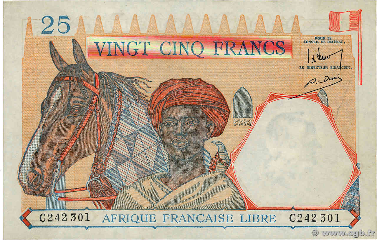 25 Francs FRENCH EQUATORIAL AFRICA Brazzaville 1941 P.07a UNC-