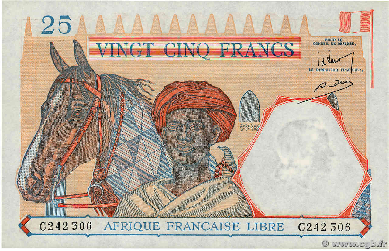 25 Francs type 1941 AFRIQUE ÉQUATORIALE FRANÇAISE Brazzaville 1943 A.115b NEUF
